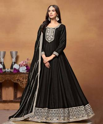 Black embroidery art silk anarkali suit 1