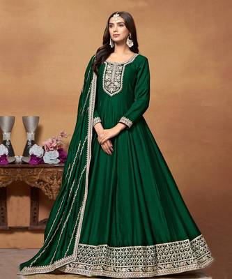 Green embroidery art silk anarkali suit 1