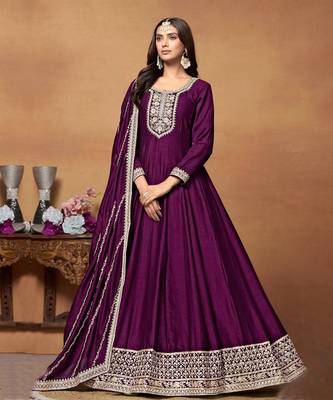 Magenta embroidery art silk anarkali suit 1