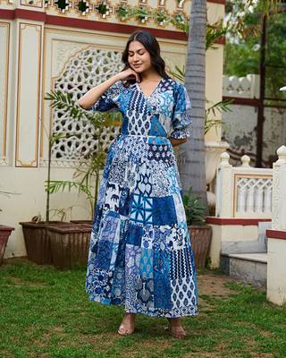 Boho patchwork cotton maxi dress handcrafted wrap dress with 3/4 sleeves 1