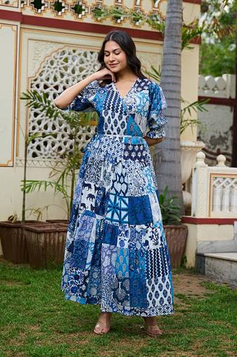 Boho patchwork cotton maxi dress handcrafted wrap dress with 3/4 sleeves