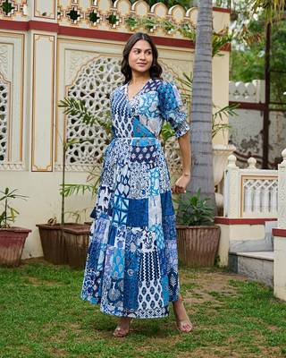 Boho patchwork cotton maxi dress handcrafted wrap dress with 3/4 sleeves 2