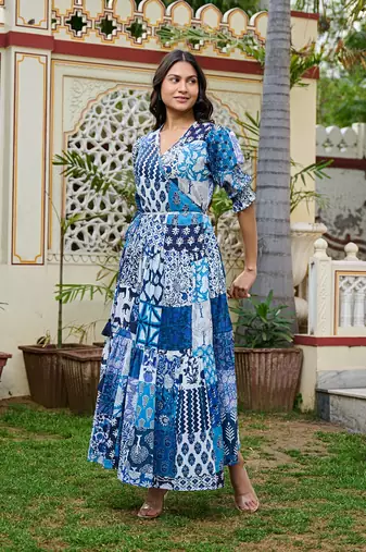 Boho patchwork cotton maxi dress handcrafted wrap dress with 3/4 sleeves