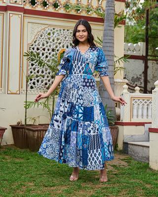 Boho patchwork cotton maxi dress handcrafted wrap dress with 3/4 sleeves 3