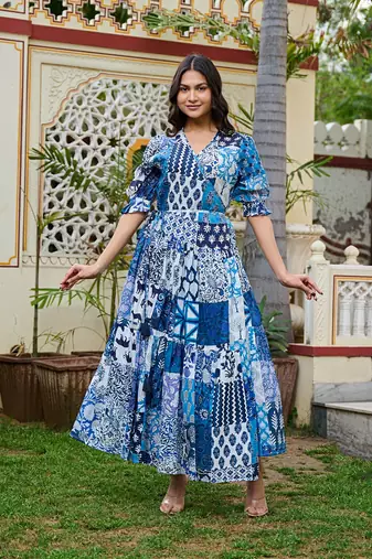 Boho patchwork cotton maxi dress handcrafted wrap dress with 3/4 sleeves