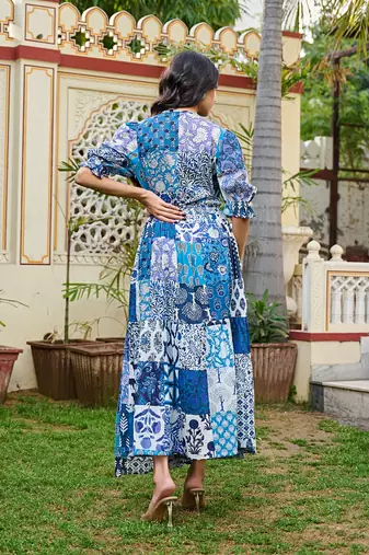 Boho patchwork cotton maxi dress handcrafted wrap dress with 3/4 sleeves
