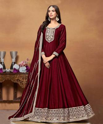 Red embroidery art silk anarkali suit 1
