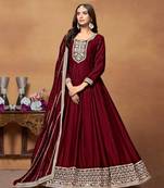 Red embroidery art silk anarkali suit