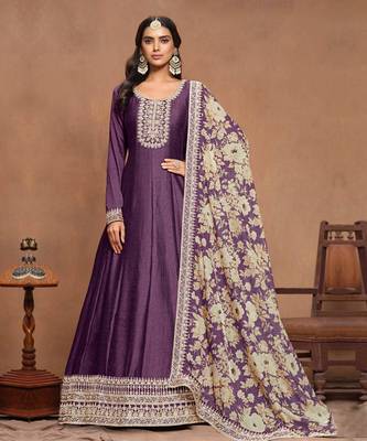 Purple embroidery art silk anarkali suit 1