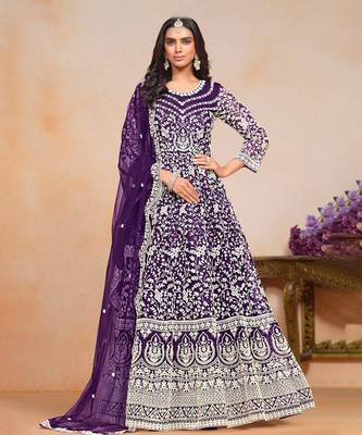 Purple embroidery net anarkali suit 1