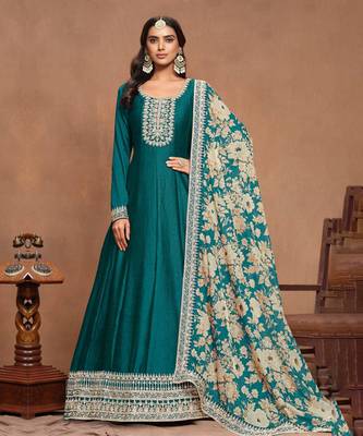 Teal blue embroidery art silk anarkali suit 1