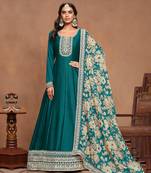 Teal blue embroidery art silk anarkali suit