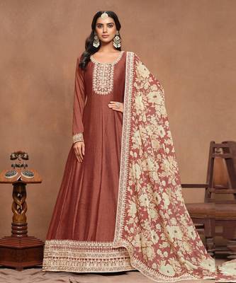 Brown embroidery art silk anarkali suit 1