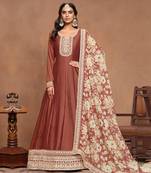 Brown embroidery art silk anarkali suit