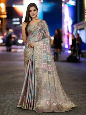 grey organza zari woven saree with unstitched blouse piece 1