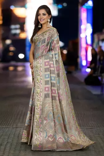grey organza zari woven saree with unstitched blouse piece