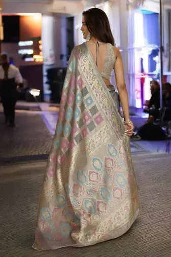 grey organza zari woven saree with unstitched blouse piece