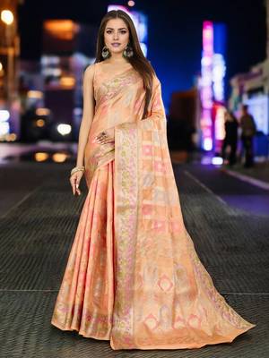 peach organza zari woven saree with unstitched blouse piece 1