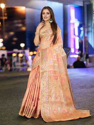 peach organza zari woven saree with unstitched blouse piece 2