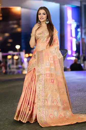 peach organza zari woven saree with unstitched blouse piece