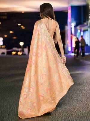 peach organza zari woven saree with unstitched blouse piece 3