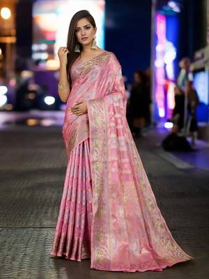 pink organza zari woven saree with unstitched blouse piece 1