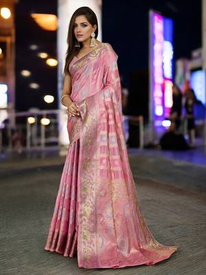 pink organza zari woven saree with unstitched blouse piece 2