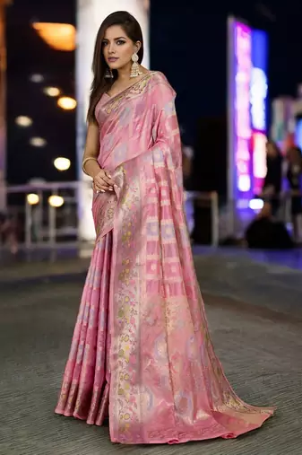 pink organza zari woven saree with unstitched blouse piece