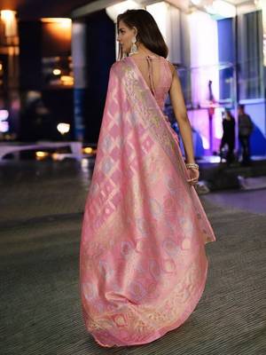 pink organza zari woven saree with unstitched blouse piece 3
