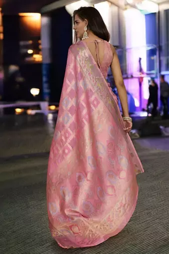 pink organza zari woven saree with unstitched blouse piece