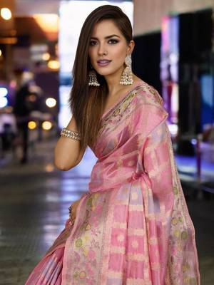 pink organza zari woven saree with unstitched blouse piece 4