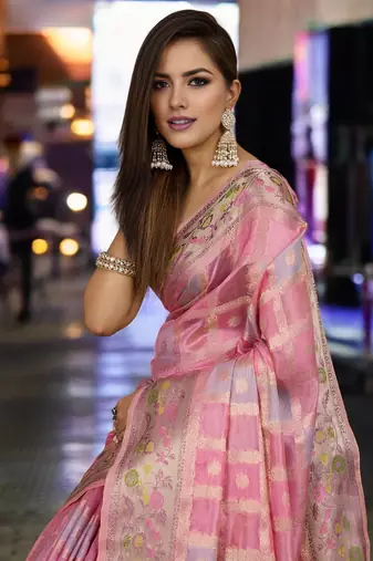 pink organza zari woven saree with unstitched blouse piece