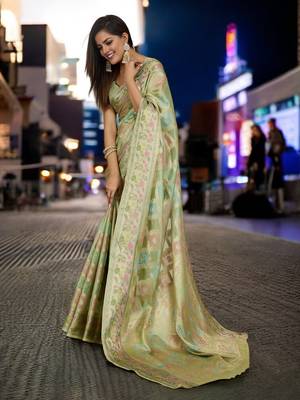pista organza zari woven saree with unstitched blouse piece 2