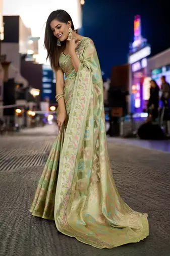 pista organza zari woven saree with unstitched blouse piece