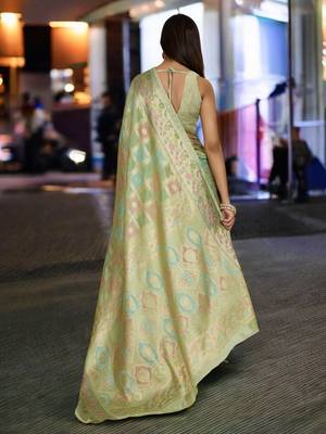 pista organza zari woven saree with unstitched blouse piece 3
