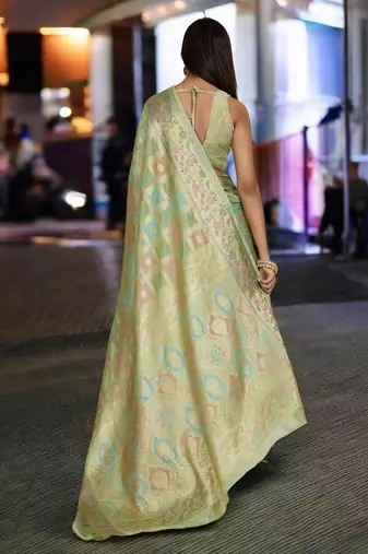 pista organza zari woven saree with unstitched blouse piece