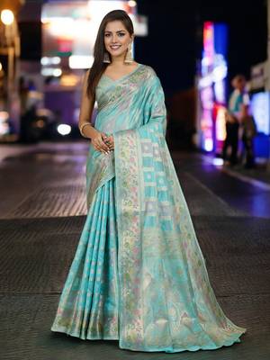 sky blue organza zari woven saree with unstitched blouse piece 1