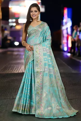 sky blue organza zari woven saree with unstitched blouse piece
