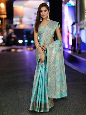 sky blue organza zari woven saree with unstitched blouse piece 2