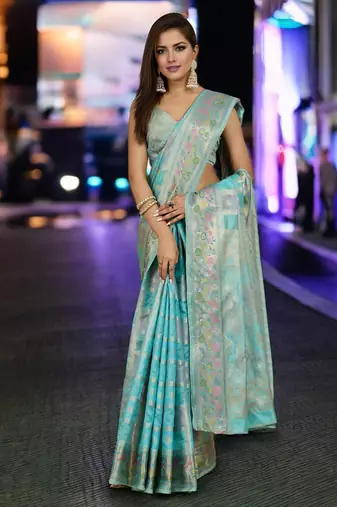 sky blue organza zari woven saree with unstitched blouse piece