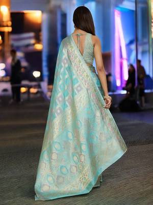 sky blue organza zari woven saree with unstitched blouse piece 3