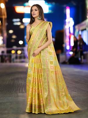yellow organza zari woven saree with unstitched blouse piece 1