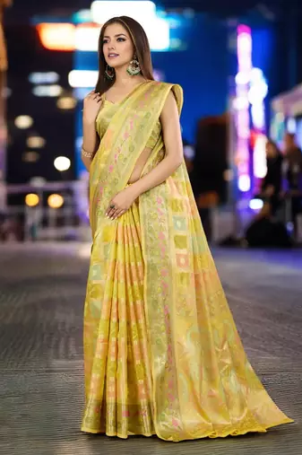 yellow organza zari woven saree with unstitched blouse piece