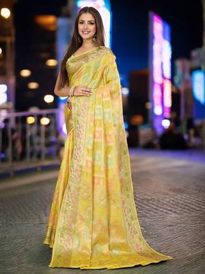 yellow organza zari woven saree with unstitched blouse piece 2