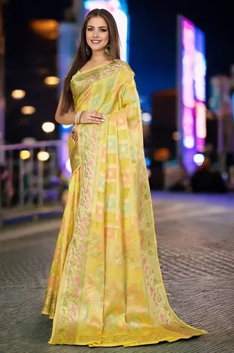 yellow organza zari woven saree with unstitched blouse piece