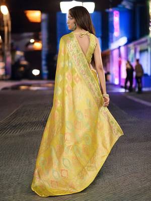 yellow organza zari woven saree with unstitched blouse piece 3