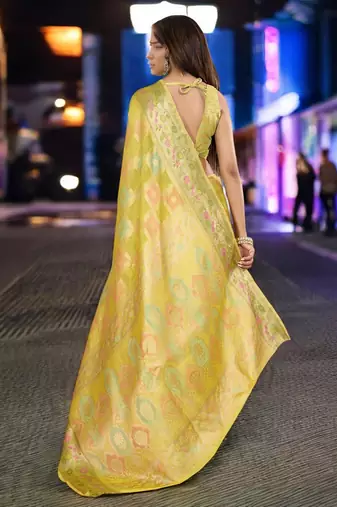 yellow organza zari woven saree with unstitched blouse piece