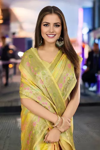 yellow organza zari woven saree with unstitched blouse piece