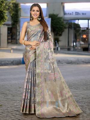 grey organza zari woven saree with unstitched blouse piece 1