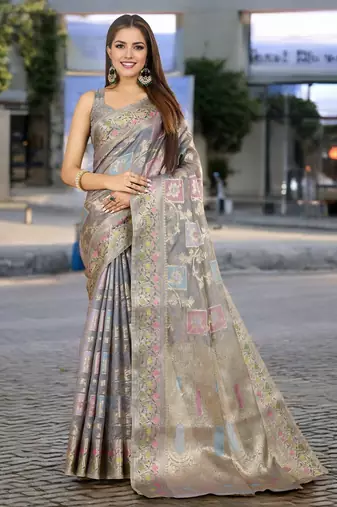 grey organza zari woven saree with unstitched blouse piece